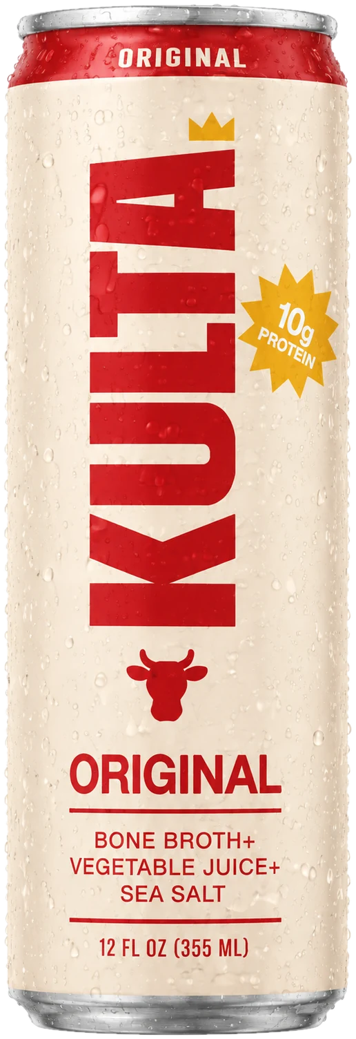 Kulta Original can: bone broth, vegetable juice, sea salt. 10g protein. 12 fl oz.