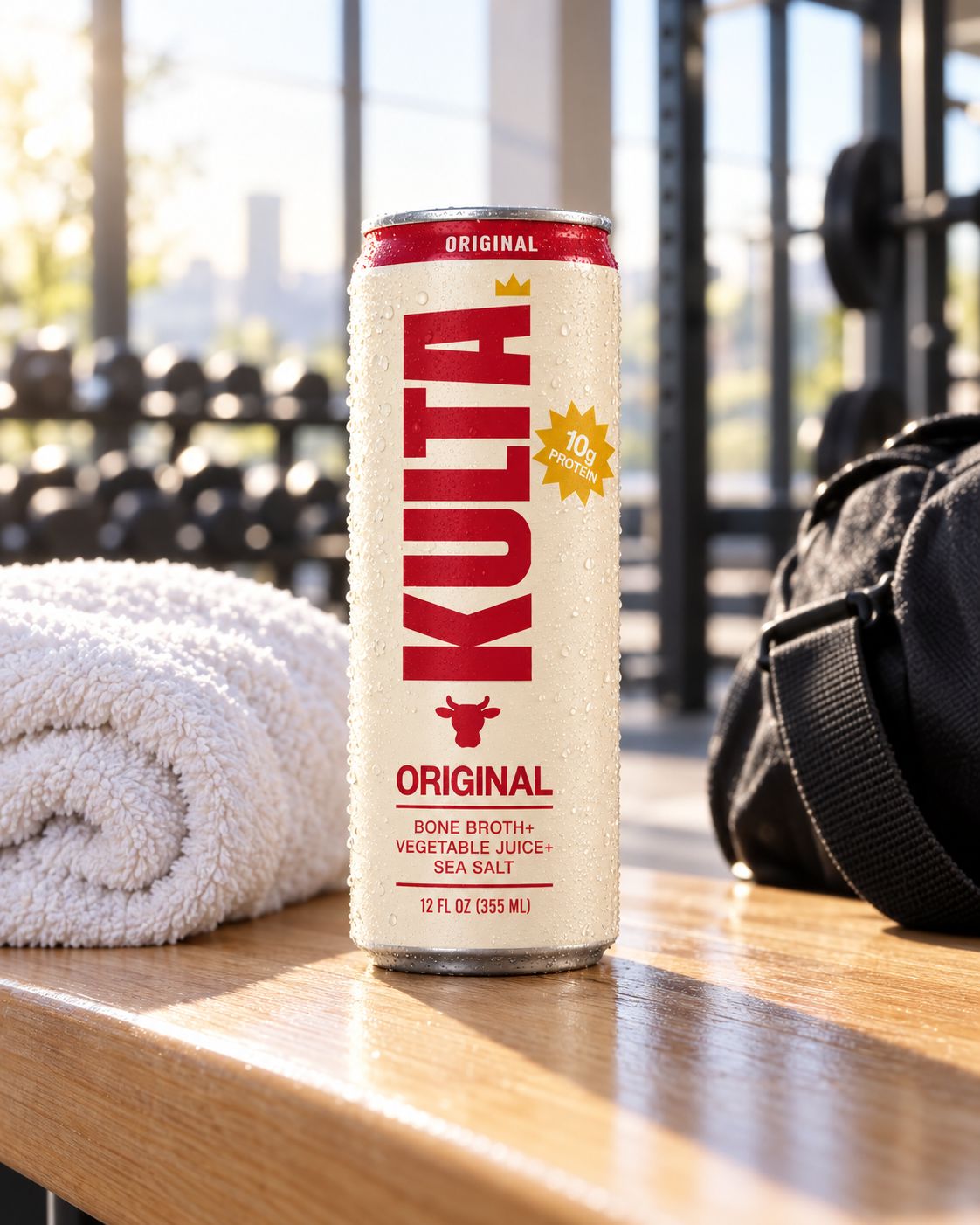 A cold can of Kulta on a gym bench beside a towel and bag
