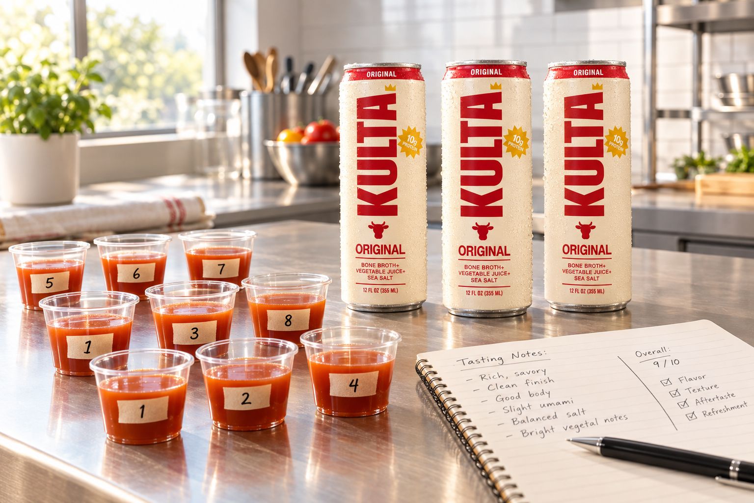 Numbered tasting cups, a notebook of tasting notes, and Kulta cans on a kitchen counter